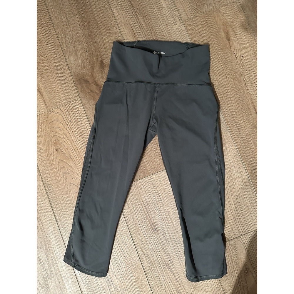 Lululemon Olive Green Crop Leggings Size 4 High Rise Side Pockets Yoga Gym 19"